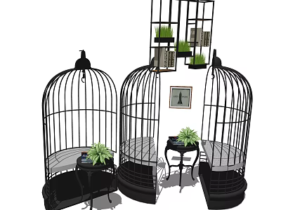 Birdcage Shaped Public Chairs with Green Plants and Small Tables in Modern Design 3d model