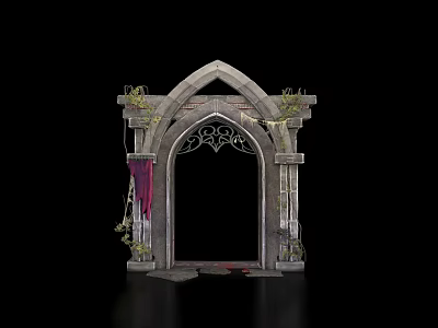 Gothic Event Entrance with Stone Arch Iron Decoration Vines and Red Drapery Details 3d model