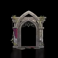Gothic Event Entrance with Stone Arch Iron Decoration Vines and Red Drapery Details