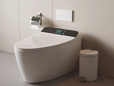 Smart Toilet With Digital Temperature Display Modern White Design And Side Trash Bin 3d model