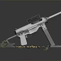 Silver Submachine Gun With Mounted Scope Scattered Bullets Magazine And Green Ammunition Belt