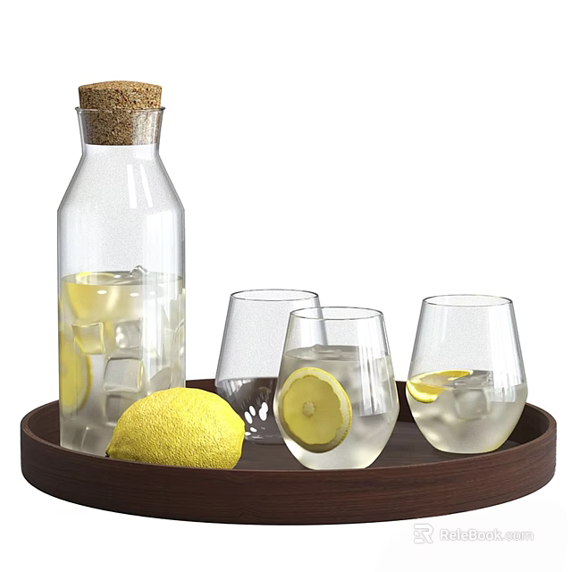 Fresh Lemon Water in Glass Bottle with Ice Cubes and Glasses on Wooden Tray 3d model 