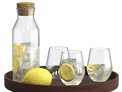 Fresh Lemon Water in Glass Bottle with Ice Cubes and Glasses on Wooden Tray 3d model