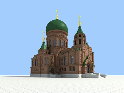 European style Architecture Featuring Green Domes Golden Crosses Brown Brick And Arched Windows 3d model