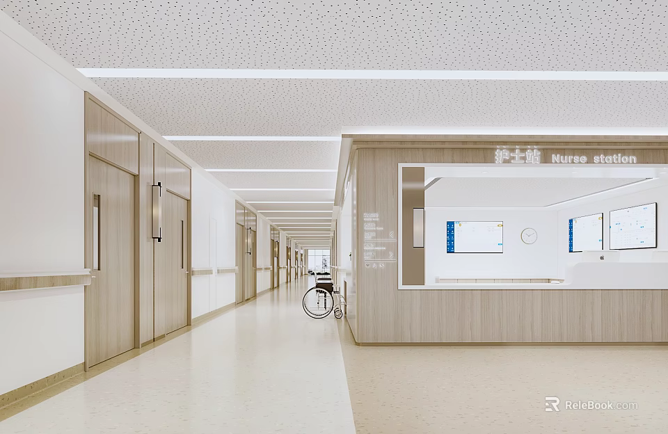 Spacious Hospital Outpatient Clinic Corridor Featuring Nurse Station Wooden Doors And White Ceiling With Wheelchair 3d model 
