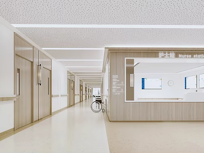 Spacious Hospital Outpatient Clinic Corridor Featuring Nurse Station Wooden Doors And White Ceiling With Wheelchair 3d model