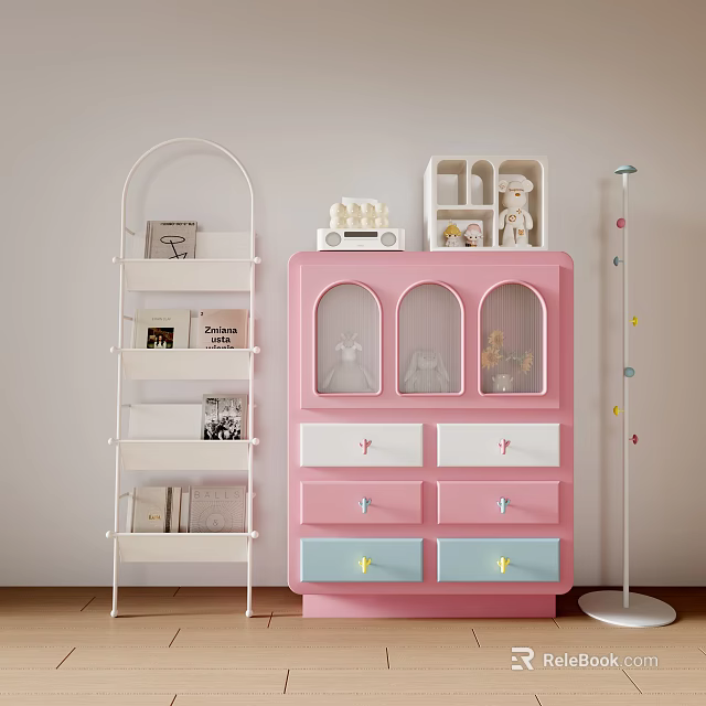 Pink Entryway Cabinet With Drawers And White Side Cabinet Shelves With Decorations And Dolls 3d model 