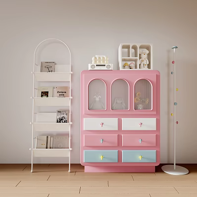 Pink Entryway Cabinet With Drawers And White Side Cabinet Shelves With Decorations And Dolls 3d model