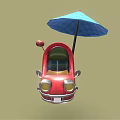 Cartoon Red Shoe Shaped Car with Blue Umbrella on Top Red Horn and Green Seats