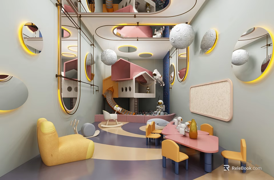 Vibrant Children's Play Room With Slide Circular Mirrors Moon Decor And Colorful Seating 3d model 