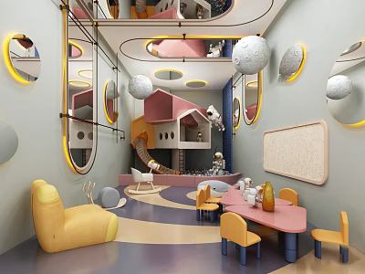 Vibrant Children's Play Room With Slide Circular Mirrors Moon Decor And Colorful Seating 3d model