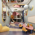 Vibrant Children's Play Room With Slide Circular Mirrors Moon Decor And Colorful Seating