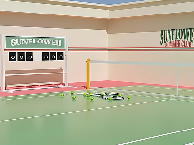Tennis Sports Equipment at Sunflower Tennis Club with Scoreboard Net Balls and Rackets 3d model