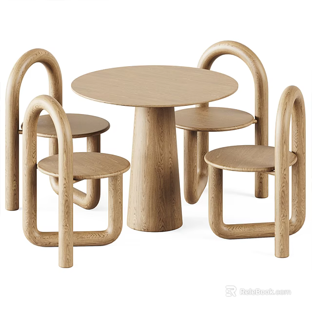 Minimalist Wooden Round Table Set With Four Curved Armrest Chairs 3d model