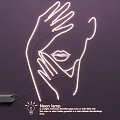 Modern Decorative Neon Lamp With Hand And Face Outline On Purple Background