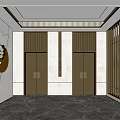 Modern Elevator Hallway Featuring Marble Walls Floor Metallic Doors Circular Artwork And Ceiling Strip Lights 3d model