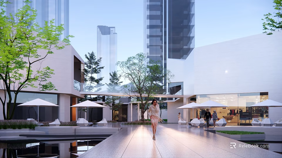 Modern Sales Office Building With High Rise Buildings Background Courtyard Trees And Seating Areas 3d model 