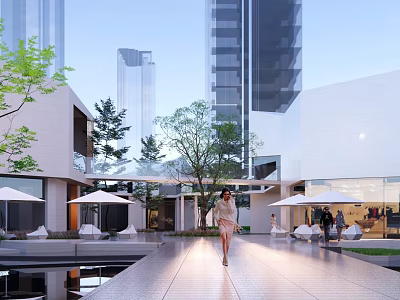 Modern Sales Office Building With High Rise Buildings Background Courtyard Trees And Seating Areas 3d model