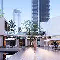 Modern Sales Office Building With High Rise Buildings Background Courtyard Trees And Seating Areas