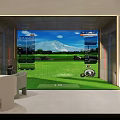 Indoor Golf Simulator Setup With Large Screen Showing Mountain Golf Course Green Lawn And Furniture