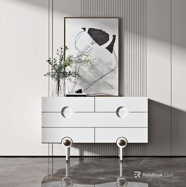 White Modern Minimalist Entryway Console Table with Circular Drawer Handles Decorative Vase and Wall Artwork 3d model 