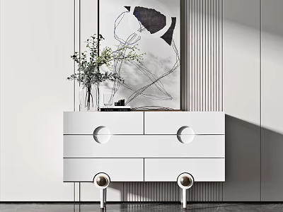 White Modern Minimalist Entryway Console Table with Circular Drawer Handles Decorative Vase and Wall Artwork 3d model
