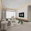 Modern Living And Dining Room Interior With Sofa Green Chair TV Dining Table And Cabinets