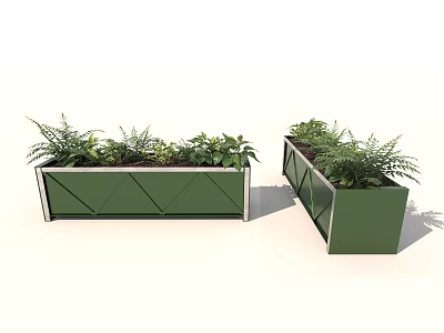 Rectangular Green Planters With Geometric Design And Fern Plants For Garden Accents 3d model