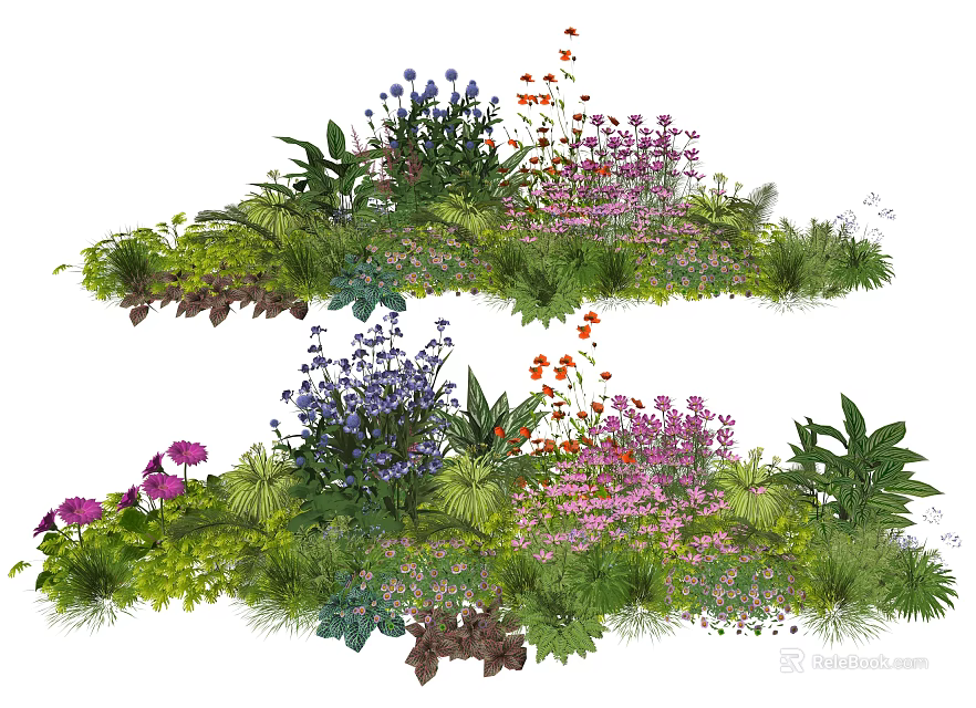 Colorful Mixed Plant Combination With Purple Pink Red Flowers And Green Foliage 3d model 