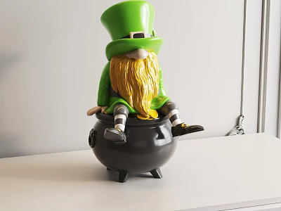 Green Top Hat Doll Figurine With Golden Beard Sitting On Black Cauldron On White Table 3d model