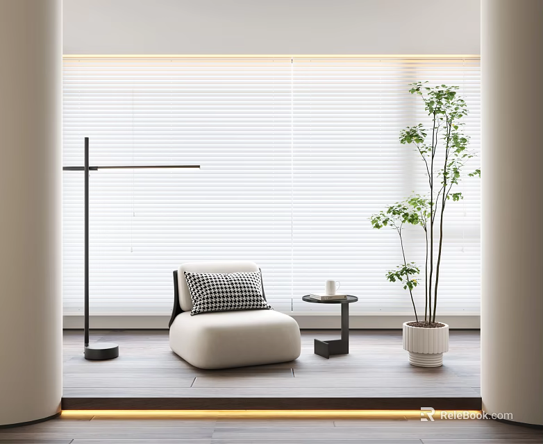 Comfortable Accent Chair In Modern Minimalist Interior With Side Table Floor Lamp And Potted Plant 3d model 