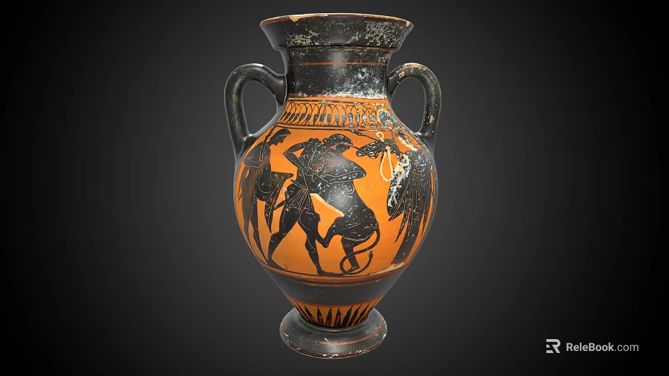 Ancient Greek Amphora With Black And Orange Figural Motifs And Twin Handles 3d model 