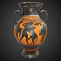 Ancient Greek Amphora With Black And Orange Figural Motifs And Twin Handles