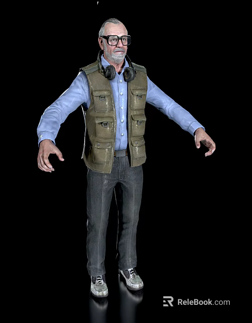 A Man Wearing Blue Shirt Green Vest And Headphones With Arms Outstretched 3d model 