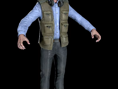A Man Wearing Blue Shirt Green Vest And Headphones With Arms Outstretched 3d model