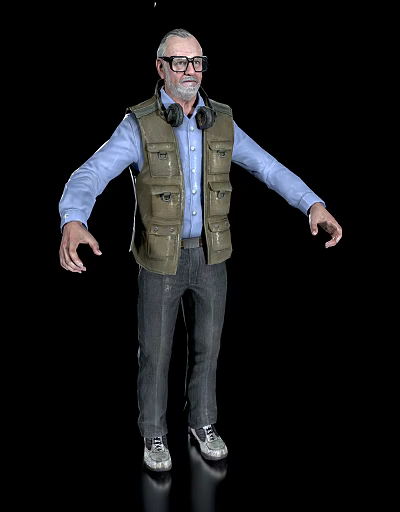 A Man Wearing Blue Shirt Green Vest And Headphones With Arms Outstretched 3d model