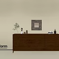 Poliform Wooden Console Cabinet With Decorative Items Floor Lamp Potted Plant And Wall Art