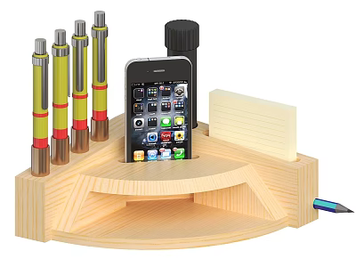 Wooden Desk Organizer With Smartphone Notepad Colored Pens And Pencil 3d model