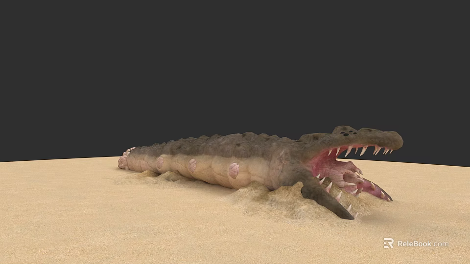 Realistic Crocodile Landscape Sculpture With Open Mouth And Sharp Teeth On Sandy Ground 3d model 