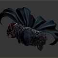 Man as Fantasy Warrior in Black Armor with Red Patterns Hood and Cloak