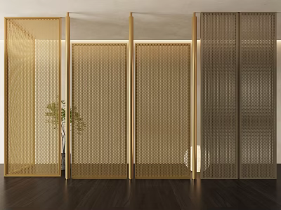 Modern Interior Space With Elegant Vertical Slat Room Divider And Potted Plant 3d model