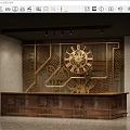 Vintage Wooden Bar Counter With Decorative Gear Panel And Carved Details