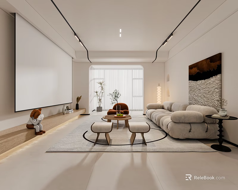 Modern Living Room Interior With Large Screen Light Gray Sofa Stools Rug And Green Plants 3d model 