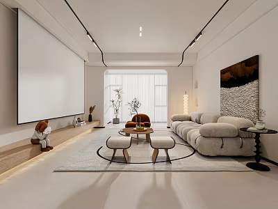 Modern Living Room Interior With Large Screen Light Gray Sofa Stools Rug And Green Plants 3d model