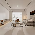 Modern Living Room Interior With Large Screen Light Gray Sofa Stools Rug And Green Plants