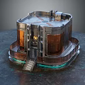 Futuristic Circular Metallic Building With Copper Panels Entrance Steps And Glowing Edges