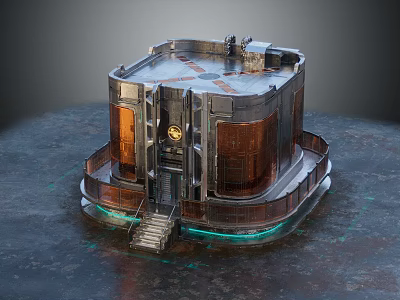 Futuristic Circular Metallic Building With Copper Panels Entrance Steps And Glowing Edges 3d model