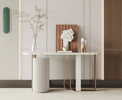Contemporary Console Table With Marble Top Metal Legs Green Plant And Art Decorations 3d model