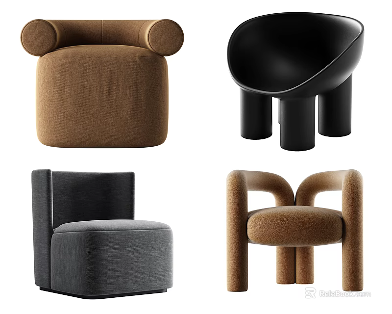 Modern Single Sofa Collection in Brown Black Dark Gray with Rounded and Unique Designs 3d model 