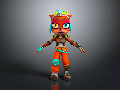 Cute 3D Cartoon Character With Orange Fur Colorful Goggles And Green Outfit 3d model